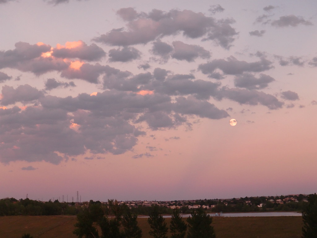 Quincy Reservoir, Aurora, Colorado, moon, evening sky with clouds