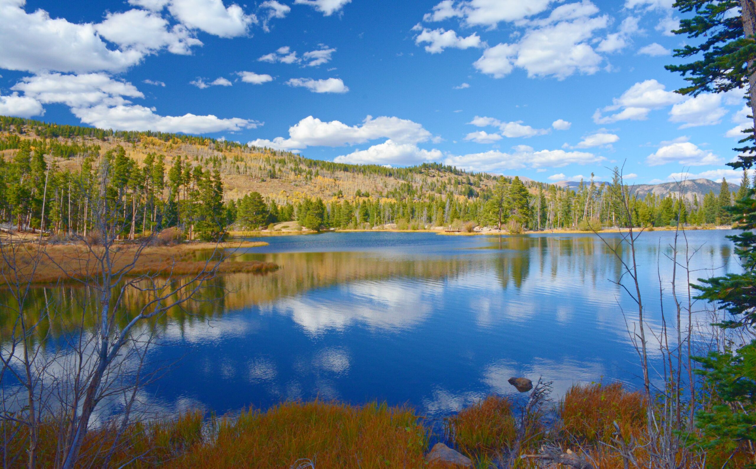 Tranquil view of Sprague Lake with vibrant autumn foliage in Rocky Mountain National Park., Colorado